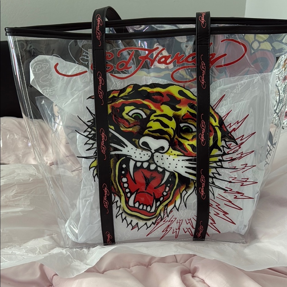 Ed Hardy Black & Clear Tote Bag with Tiger Design